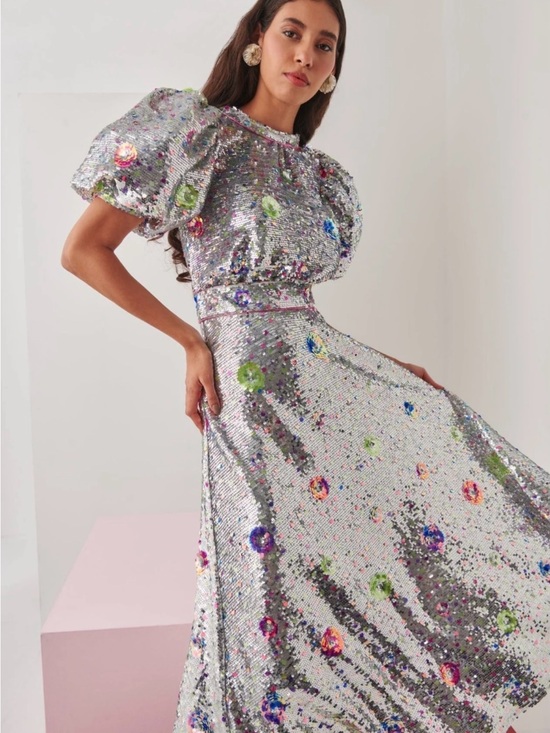Celia B Dresses & Skirts - Silver Sequin Puff-Sleeve Maxi Dress with Multicolor Embellishments